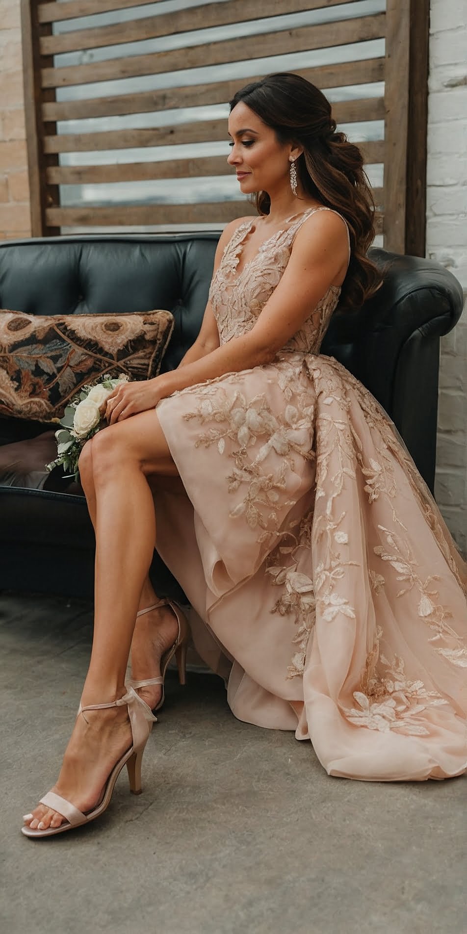 Romantic Blush Lace Fitted Gown with Sheer Overlay and Floral Appliqués