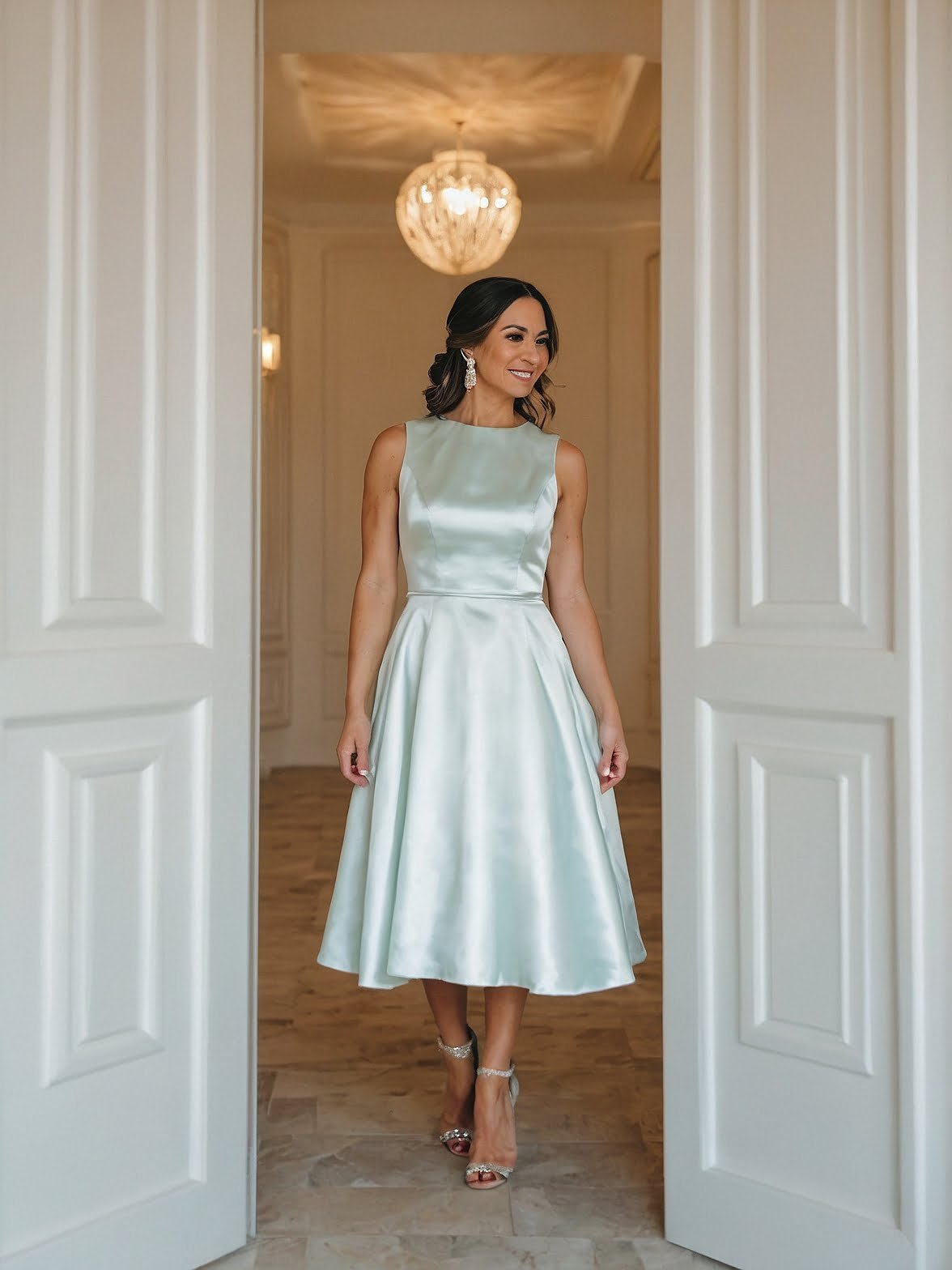 Mint Elegance: Sophisticated Satin Midi Bridesmaid Dress