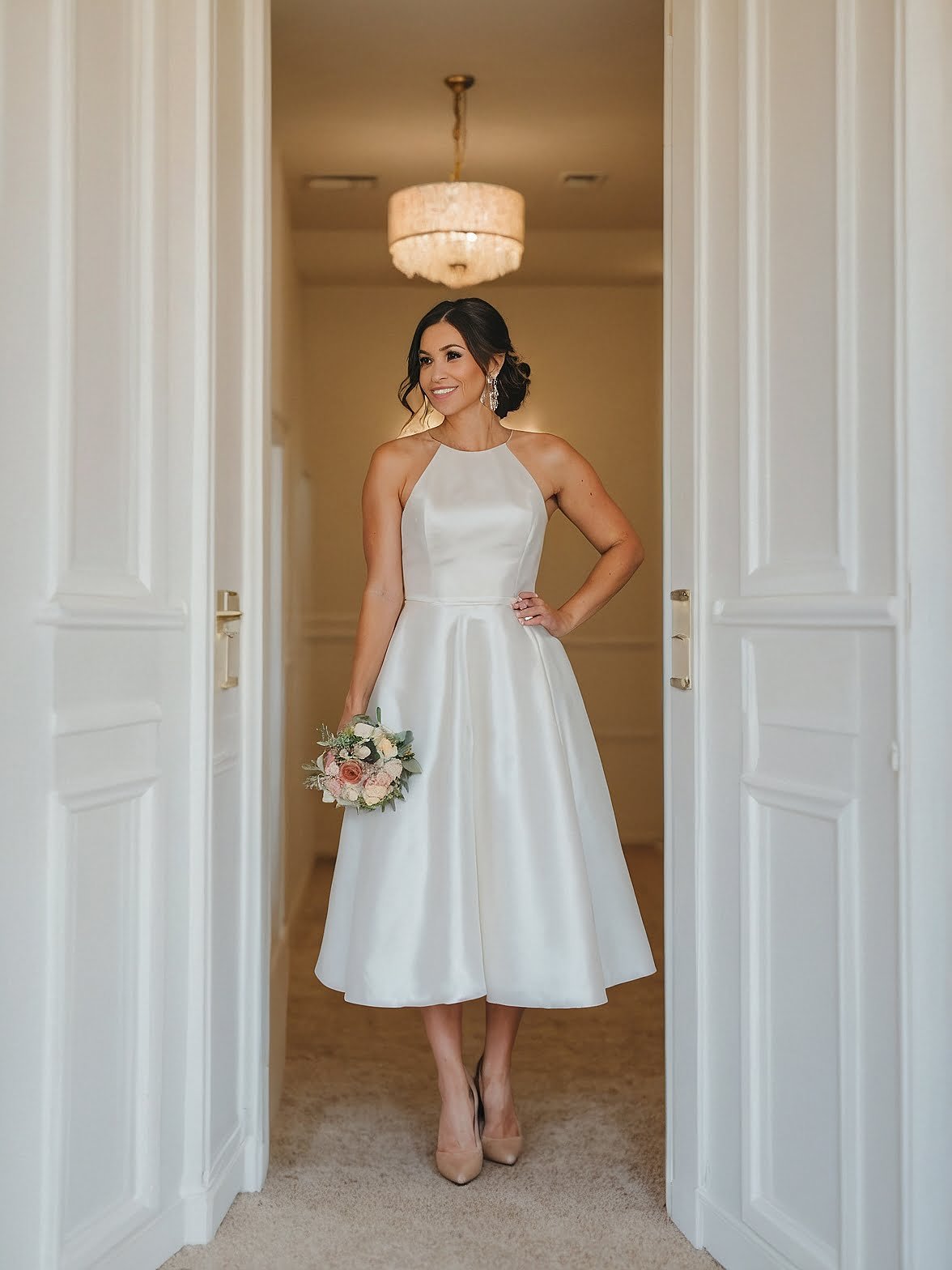 Modern Classic: Sleek Satin Halter Midi Wedding Dress