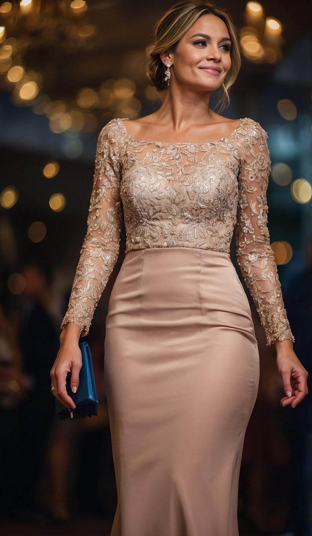 Glamorous Long Sleeve Lace Overlay Gown with Nude Satin Skirt for Evening