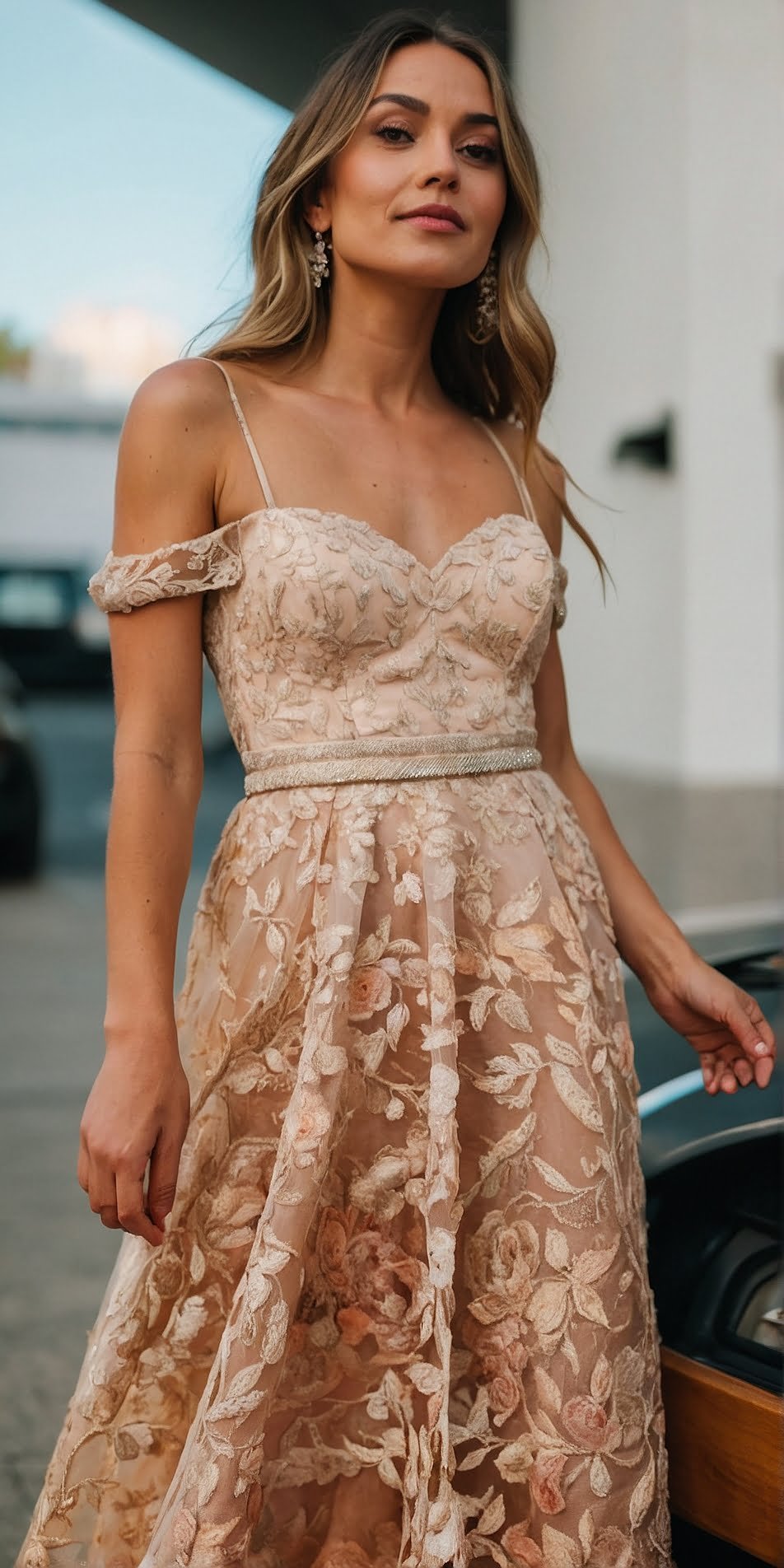 Floral Embroidered Blush Tulle Gown with Sparkle Belt and Off-shoulder Elegance