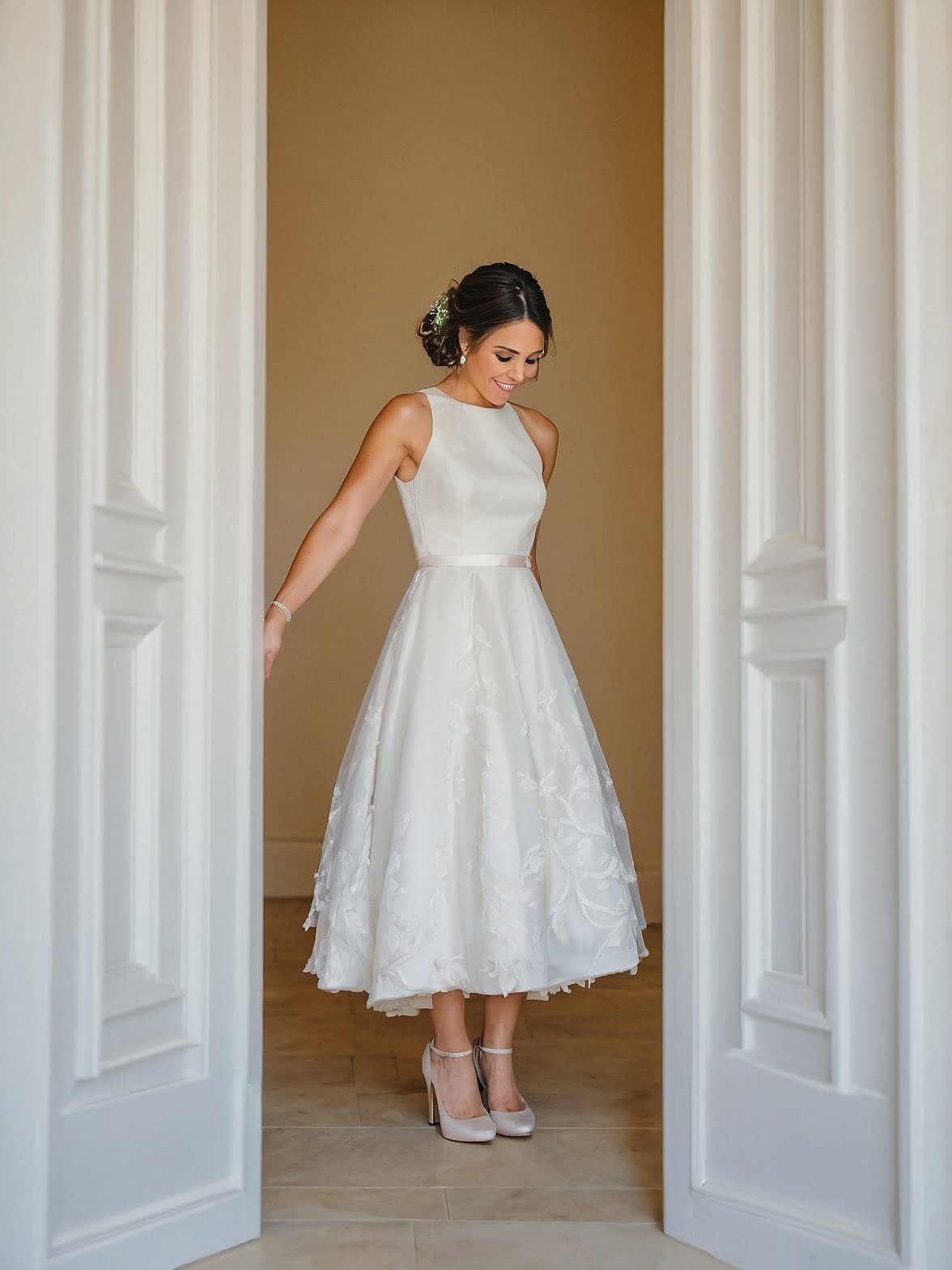 Classic White Midi Wedding Dress with Embroidered Details and A-line Cut