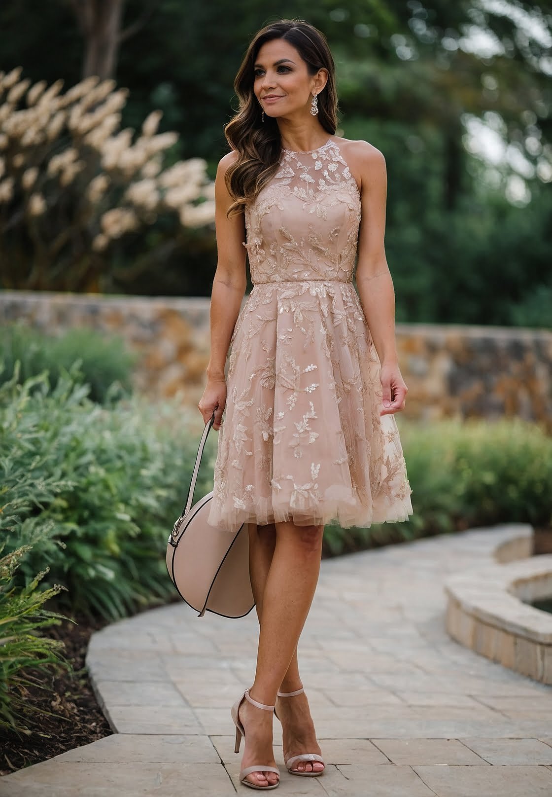 Summer Garden Nude Lace A-line Dress with High Neckline and Cinched Waist