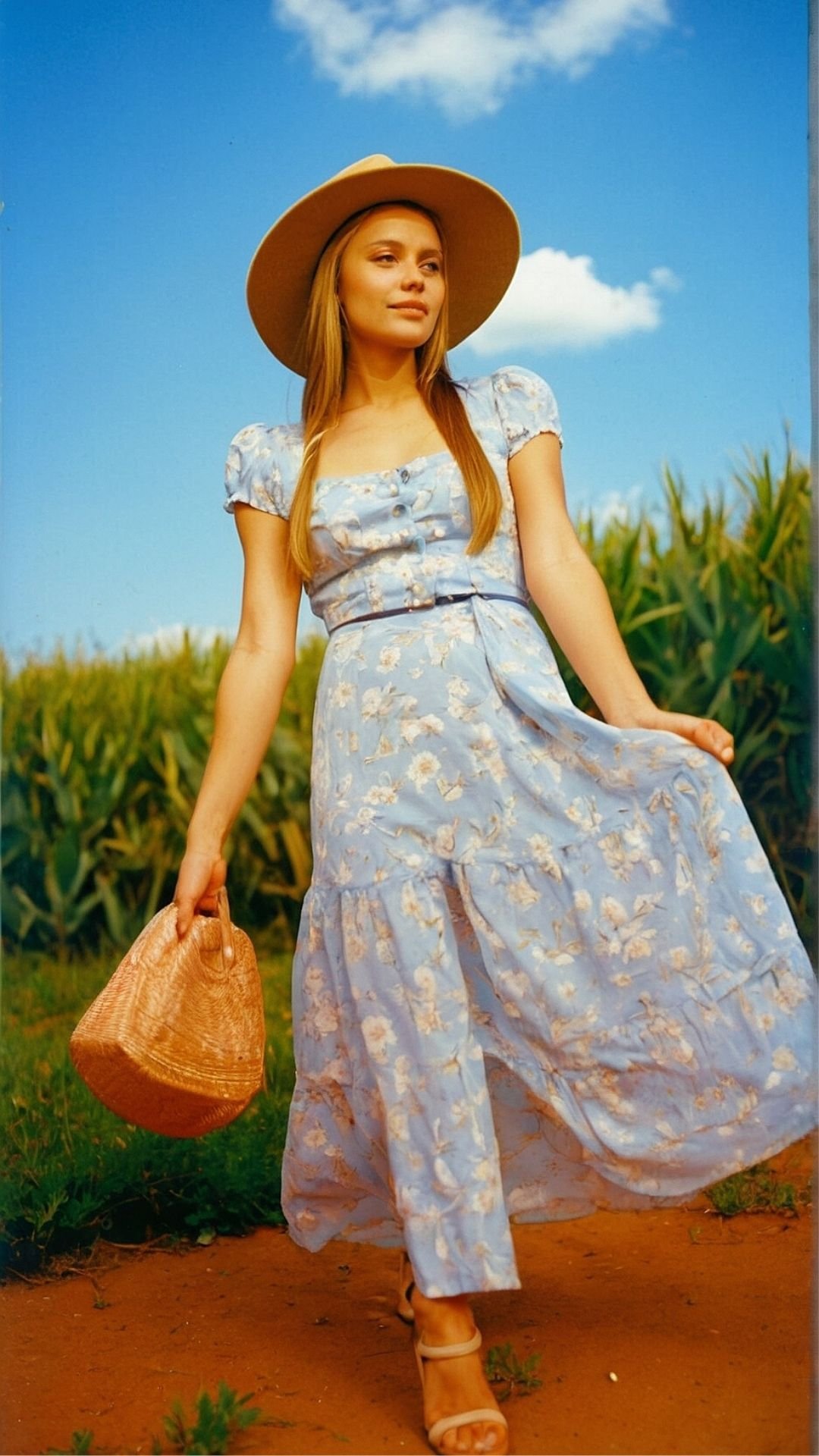 Country Road Charm: Golden Field and Blue Floral Dress Wallpaper