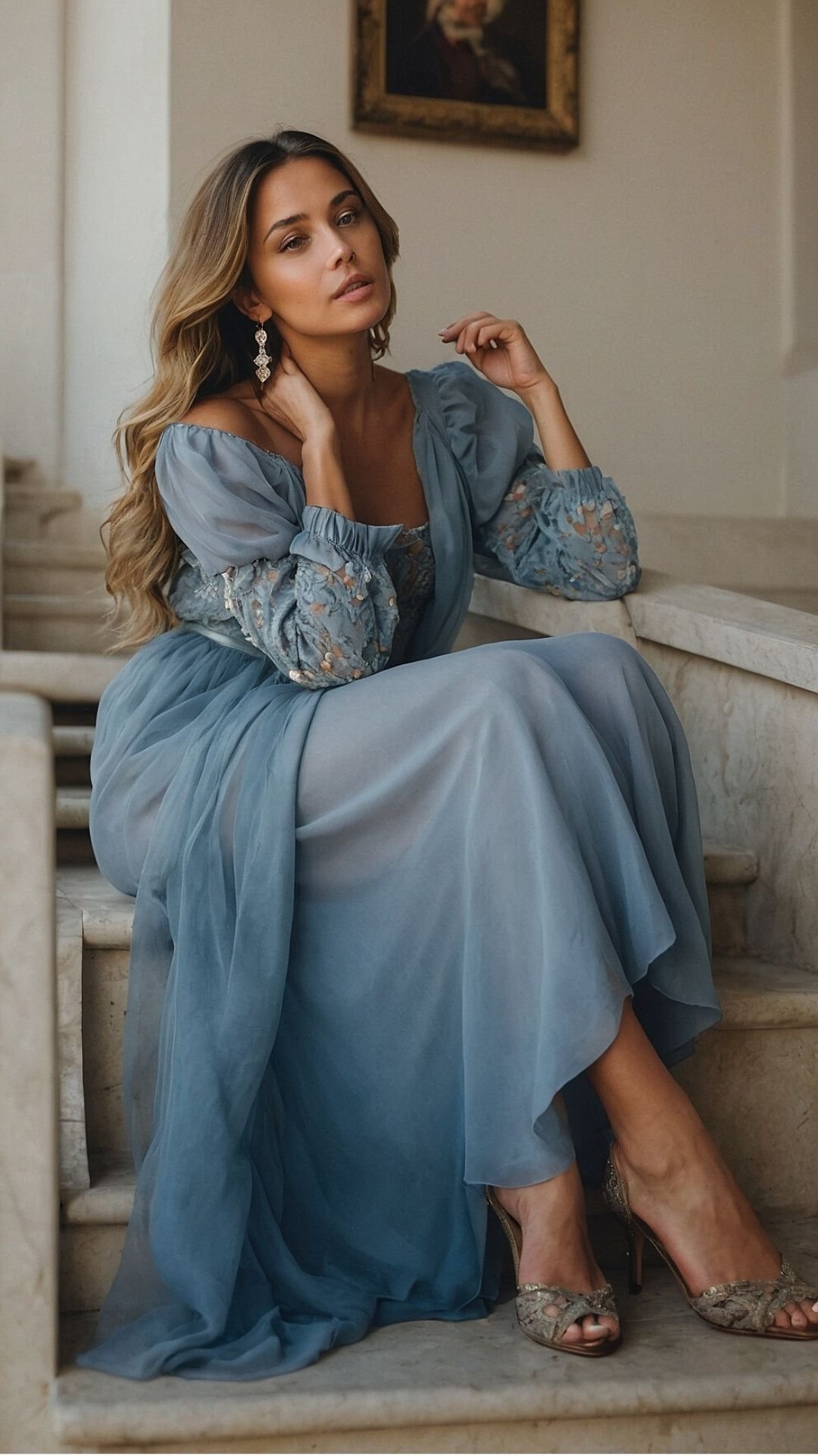 Elegant Contemplation: Blue Gown and Grand Staircase Wallpaper