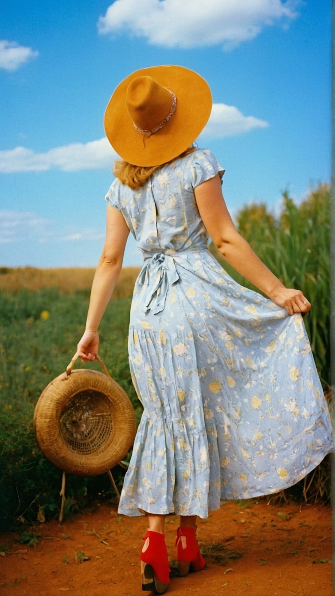 Rustic Backroad Beauty: Sun Hat and Flower Field Wallpaper