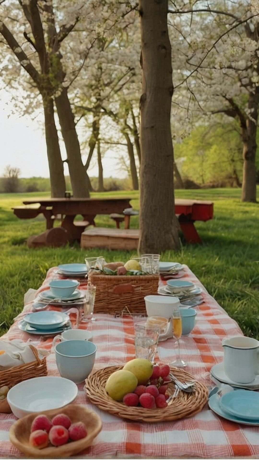 Idyllic Orchard Picnic: Friends, Fruit, and Florals Wallpaper
