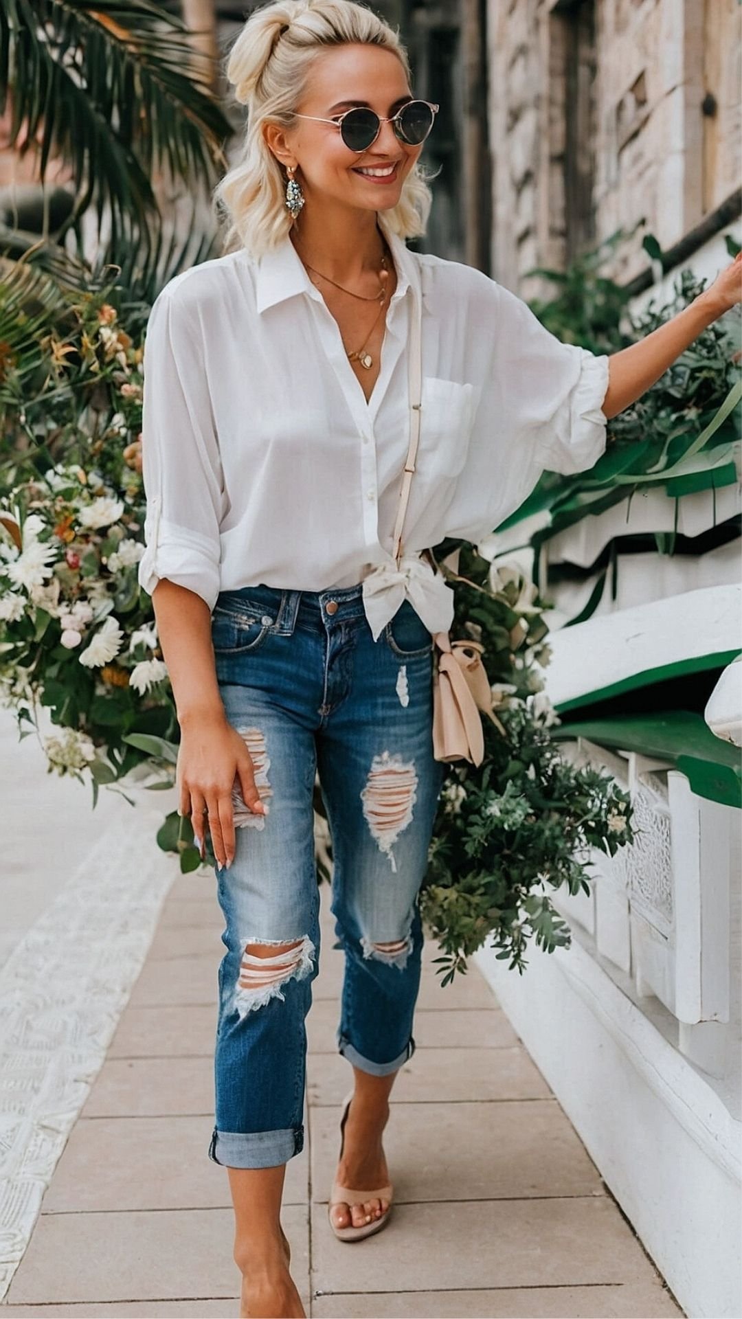 Urban Spring: Classic White Shirt & Ripped Jeans Combo