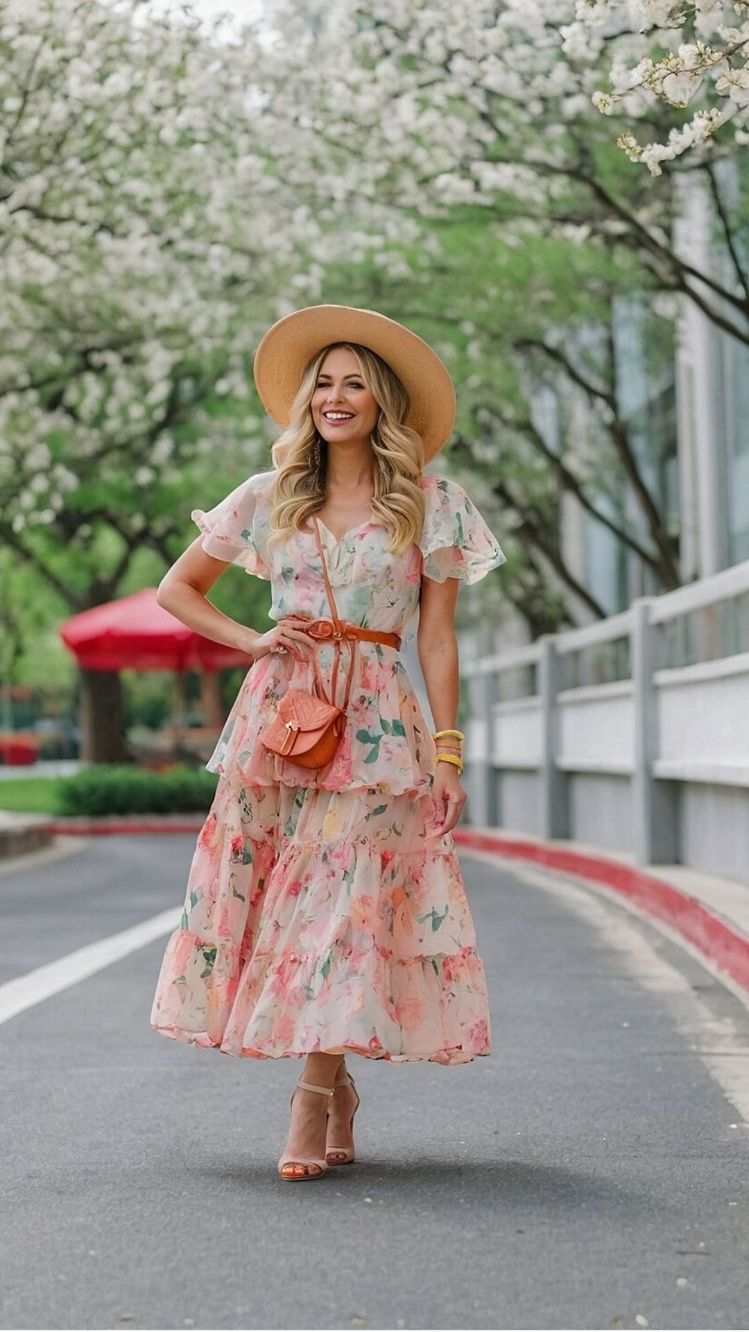 Cherry Blossom Dream: Pastel Floral Midi Dress & Sunhat