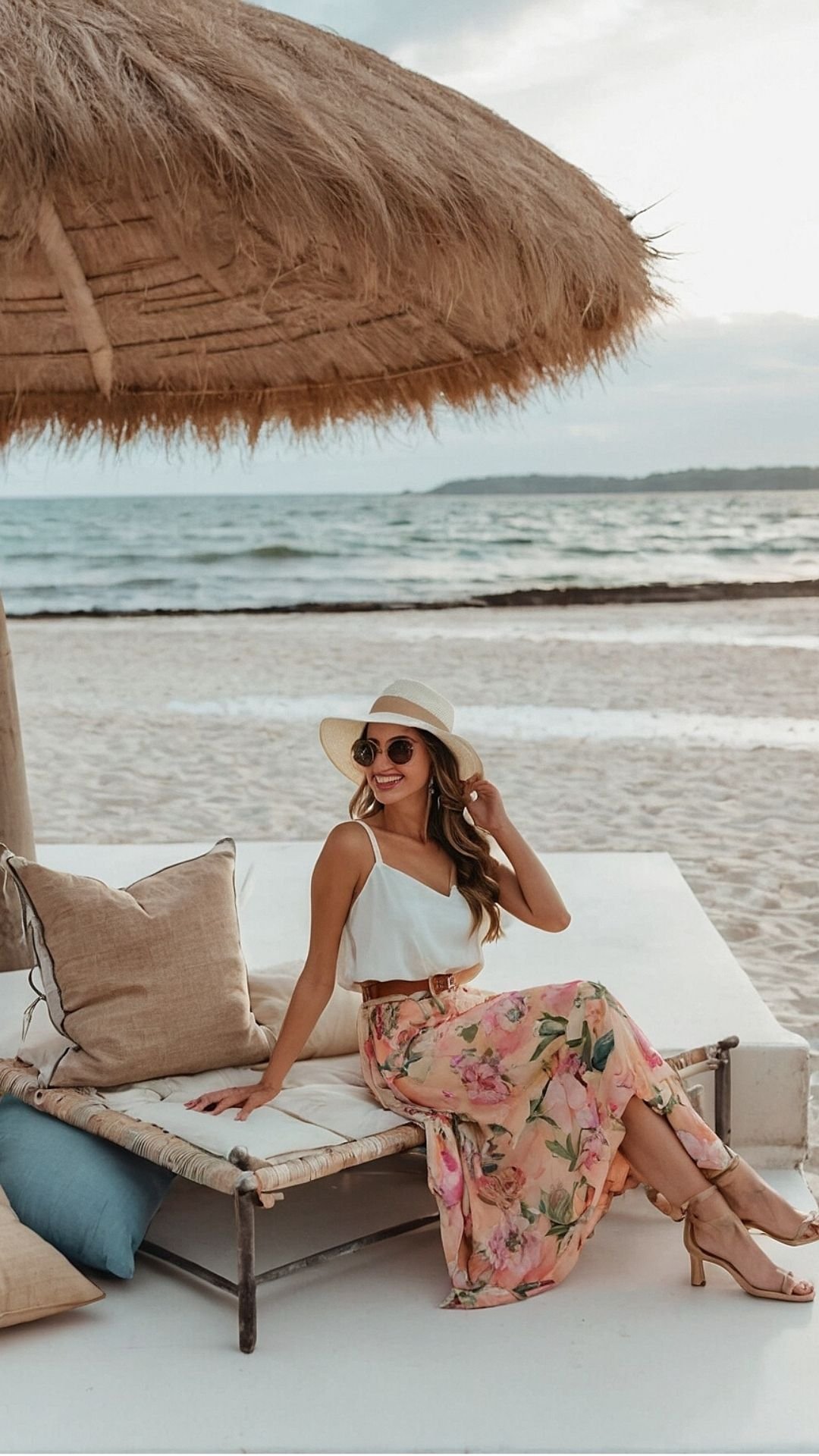 Beachside Bliss in Floral Maxi Skirt & Straw Hat