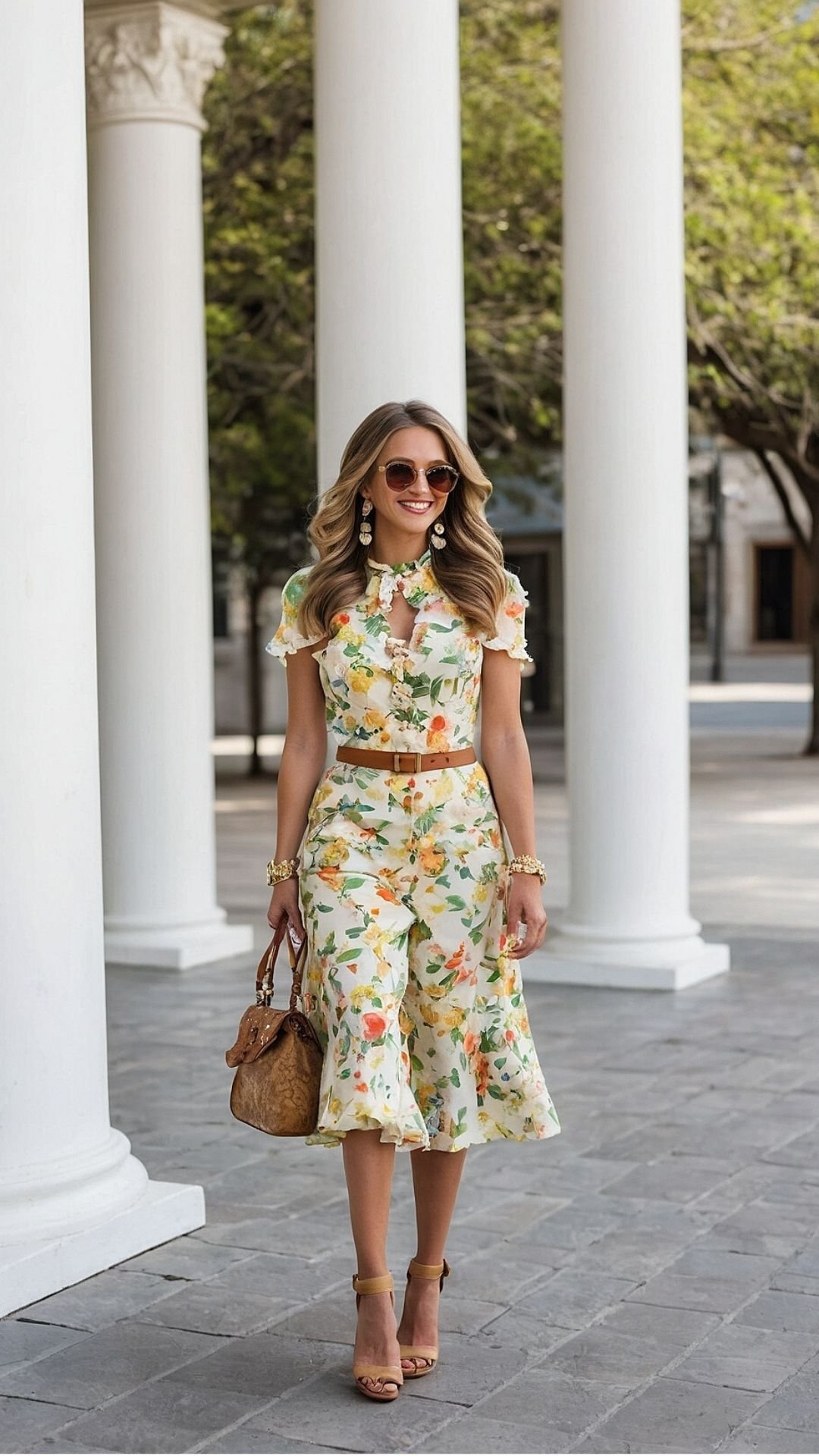 Elegant Florals and Columns: Sophisticated Day Dress