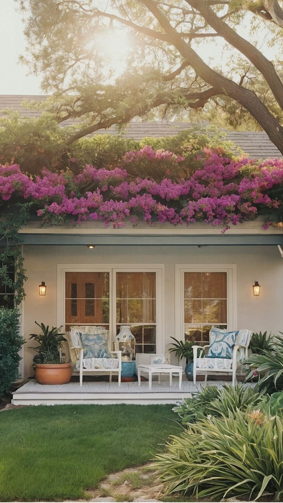 Cozy Patio Retreat with Lush Pink Bougainvillea Canopy