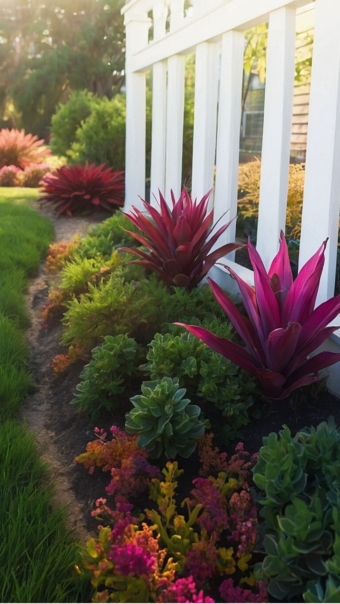 Vibrant Pathway: Lively Succulent Garden with Rich Red Accents