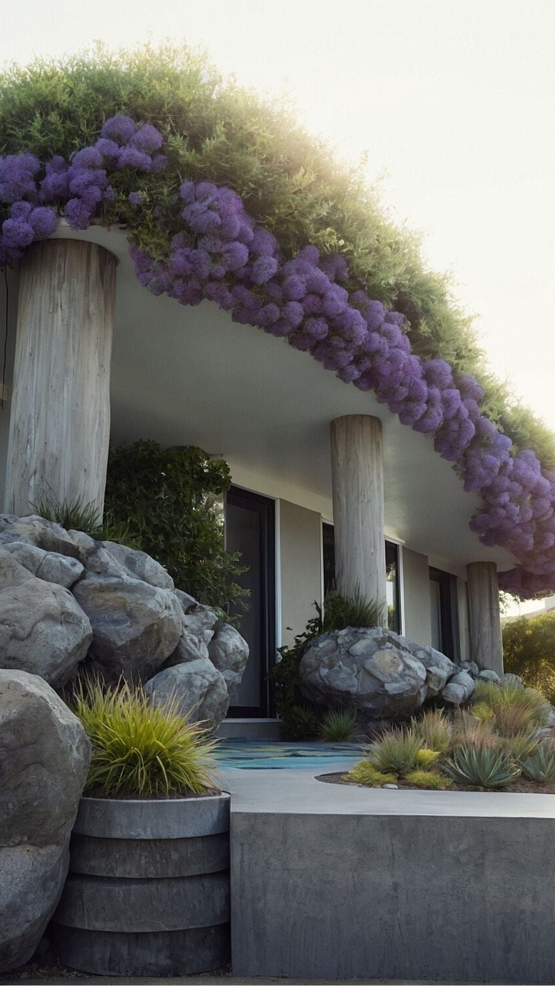 Architectural Greenery: Stylish Purple Flower Roof on a Modern Home