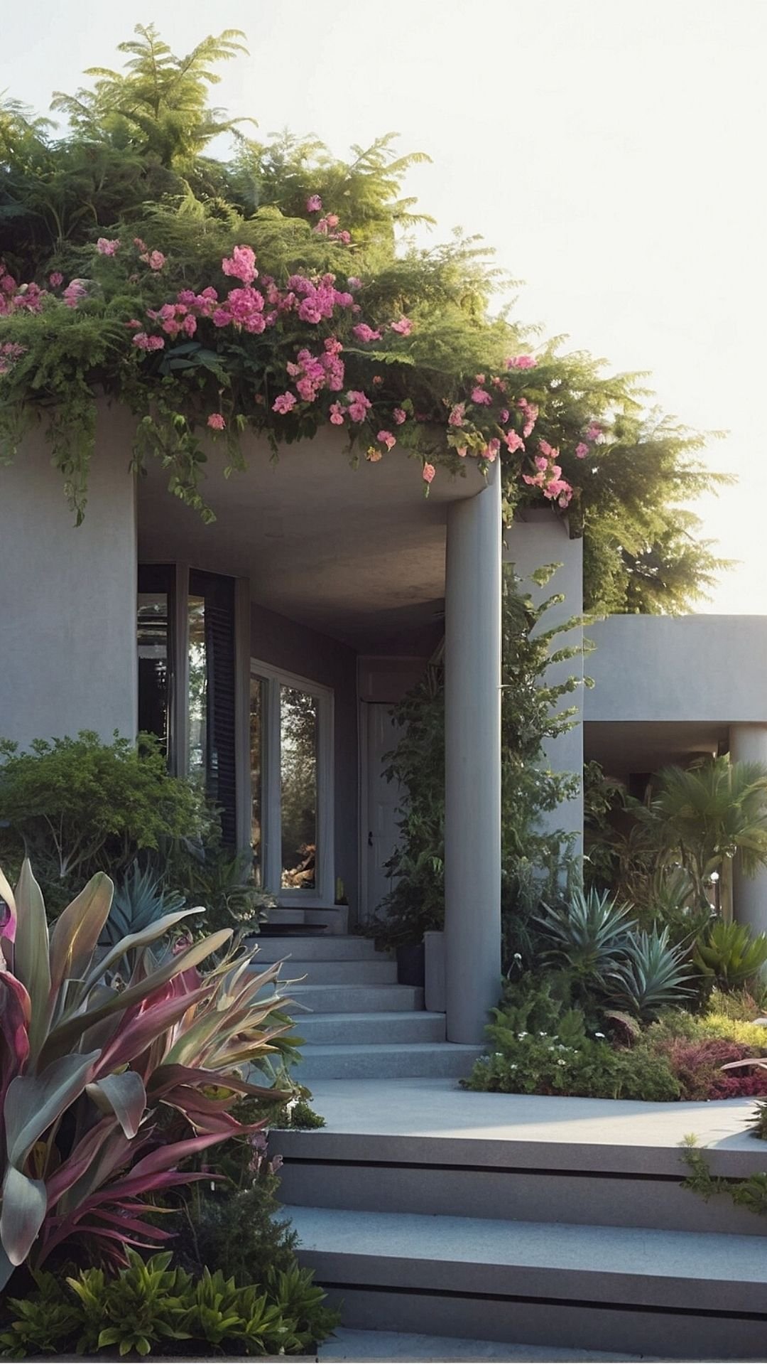 Elegant Walkway Under Floral Pergola – Pink Blooms and Verdant Ferns