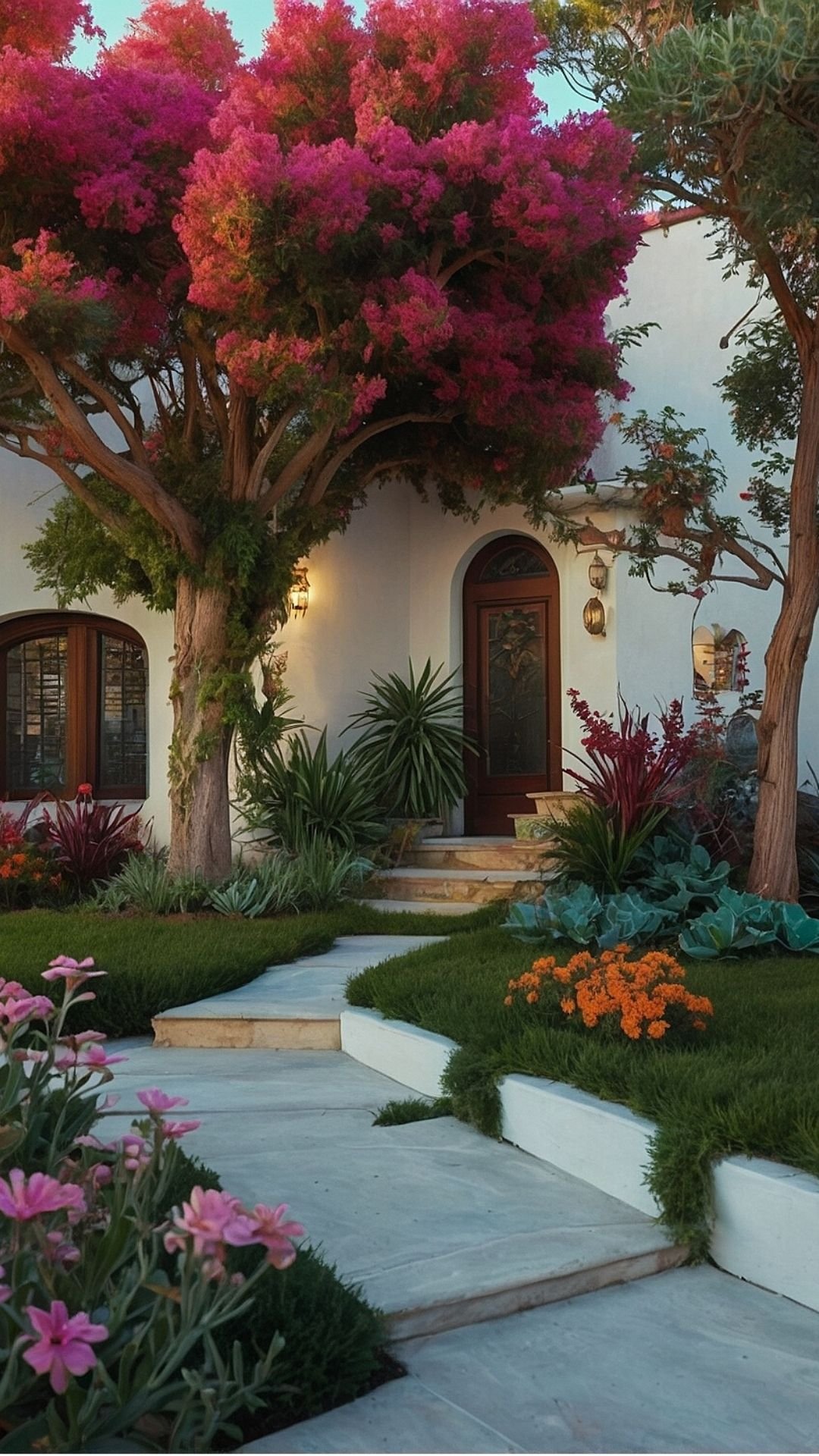 Twilight Serenity in a Blooming Front Yard – Magenta Bougainvillea Delight
