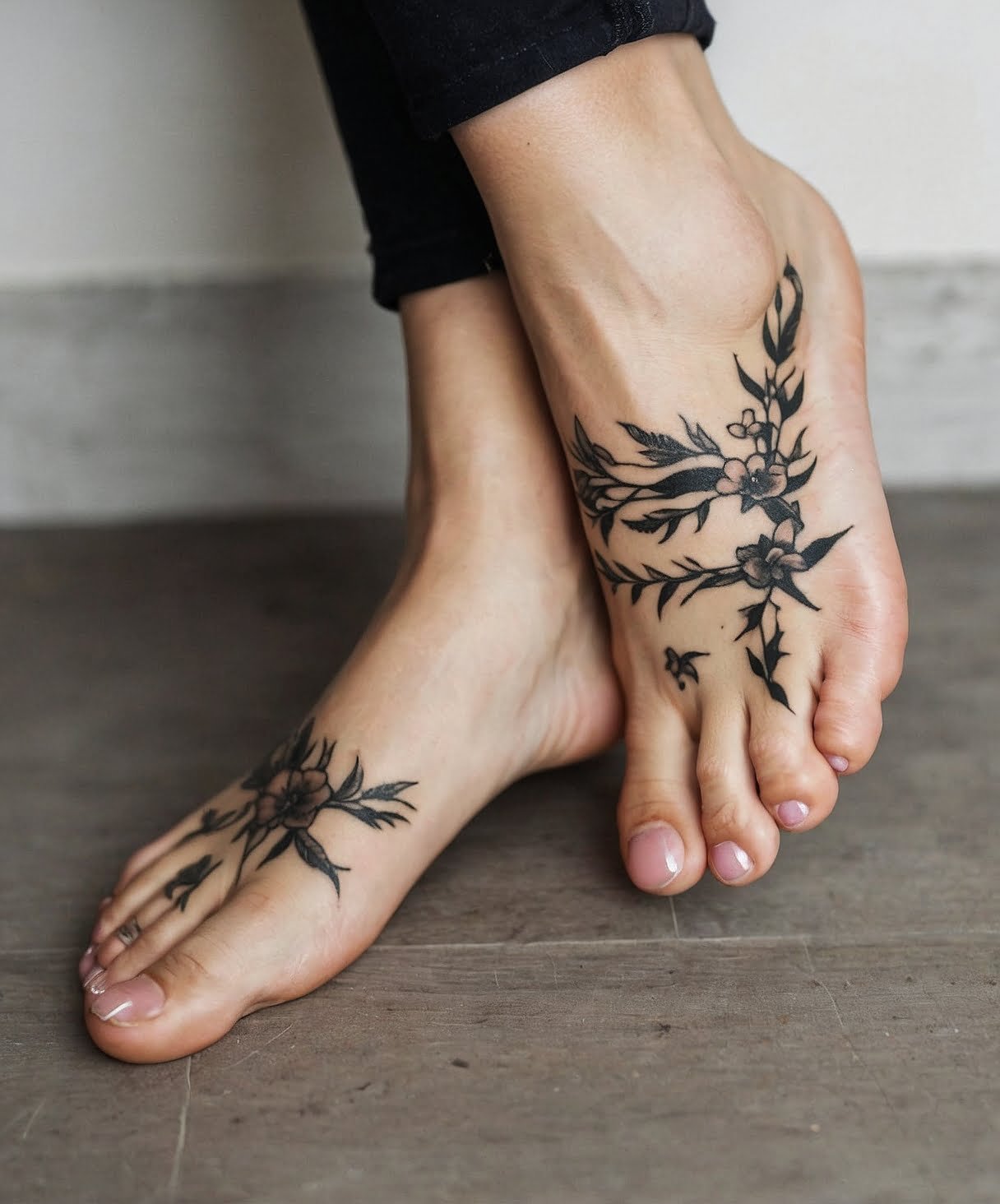 Shaded Florals Foot Tattoo